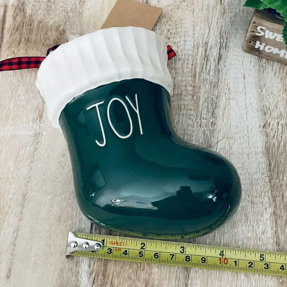 NWT Gorgeous Rae Dunn JOY Green Ceramic Christmas Santa Boot Bootie Stocking